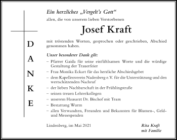 Traueranzeige von Josef Kraft von Der Westallgäuer