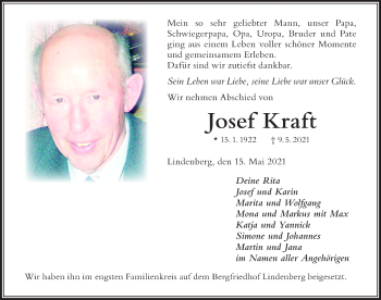 Traueranzeige von Josef Kraft von Der Westallgäuer