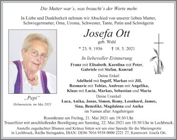Traueranzeige von Josefa Ott von Allgäuer Zeitung, Füssen