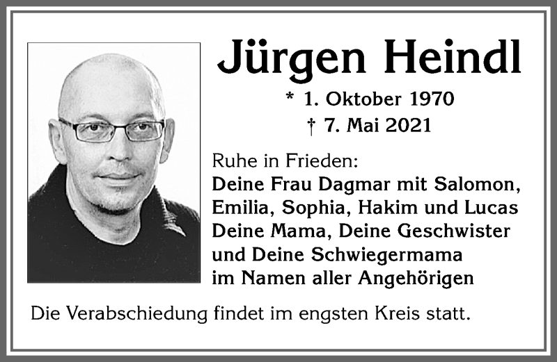  Traueranzeige für Jürgen Heindl vom 15.05.2021 aus Allgäuer Zeitung, Kaufbeuren/Buchloe