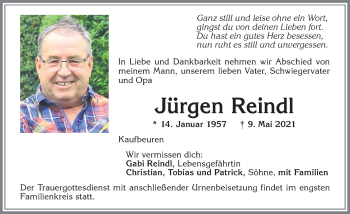 Traueranzeige von Jürgen Reindl von Allgäuer Zeitung, Kaufbeuren/Buchloe
