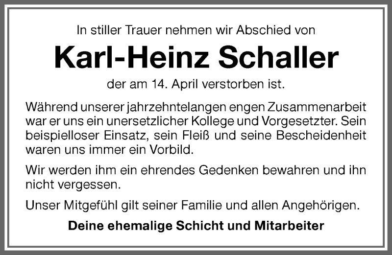  Traueranzeige für Karl-Heinz Schaller vom 15.05.2021 aus Memminger Zeitung