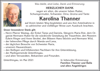 Traueranzeige von Karolina Thanner von Allgäuer Zeitung, Marktoberdorf