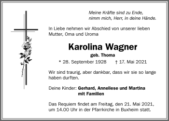 Traueranzeige von Karolina Wagner von Memminger Zeitung