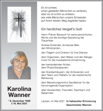 Traueranzeige von Karolina Wanner von Memminger Zeitung