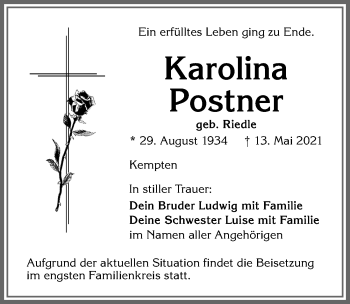Traueranzeige von Karoline Postner von Allgäuer Zeitung,Kempten