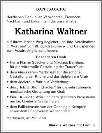 Traueranzeige von Katharina Waltner von Allgäuer Zeitung