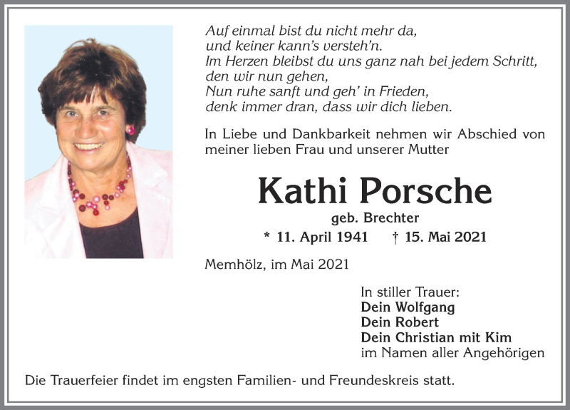  Traueranzeige für Kathi Porsche vom 21.05.2021 aus Allgäuer Zeitung,Kempten