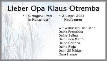Traueranzeige von Klaus Otremba von Allgäuer Zeitung, Kaufbeuren/Buchloe