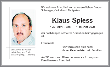 Traueranzeige von Klaus Spiess von Allgäuer Zeitung,Kempten
