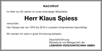 Traueranzeige von Klaus Spiess von Allgäuer Zeitung,Kempten