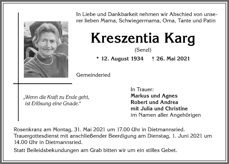  Traueranzeige für Kreszentia Karg vom 29.05.2021 aus Allgäuer Zeitung,Kempten