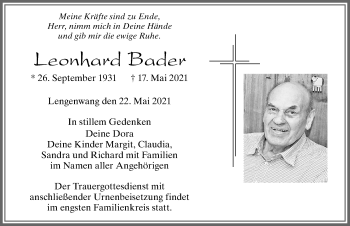 Traueranzeige von Leonhard Bader von Allgäuer Zeitung, Marktoberdorf