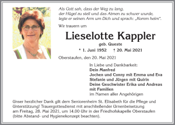 Traueranzeige von Lieselotte Kappler von Allgäuer Zeitung