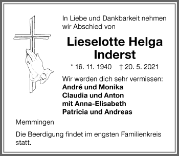 Traueranzeige von Lieselotte Helga Inderst von Memminger Zeitung