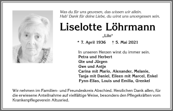 Traueranzeige von Liselotte Löhrmann von Allgäuer Zeitung,Kempten