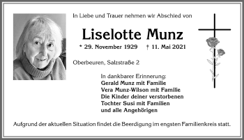 Traueranzeige von Liselotte Munz von Allgäuer Zeitung, Kaufbeuren/Buchloe