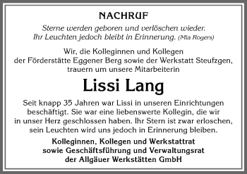 Traueranzeige von Lissi Lang von Allgäuer Zeitung,Kempten