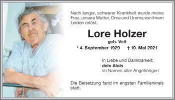 Traueranzeige von Lore Holzer von Memminger Zeitung