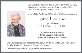 Traueranzeige von Lotte Leugner von Allgäuer Zeitung, Füssen