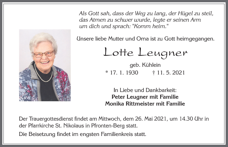  Traueranzeige für Lotte Leugner vom 22.05.2021 aus Allgäuer Zeitung, Füssen