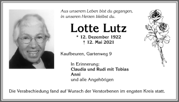 Traueranzeige von Lotte Lutz von Allgäuer Zeitung, Kaufbeuren/Buchloe