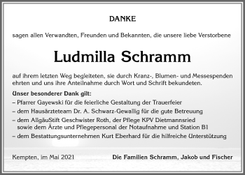 Traueranzeige von Ludmilla Schramm von Allgäuer Zeitung,Kempten