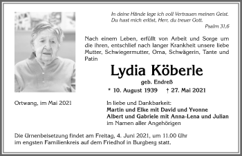 Traueranzeige von Lydia Köberle von Allgäuer Anzeigeblatt