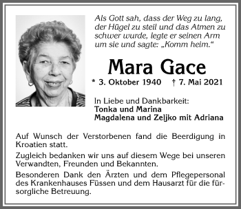 Traueranzeige von Mara Gace von Allgäuer Zeitung, Füssen