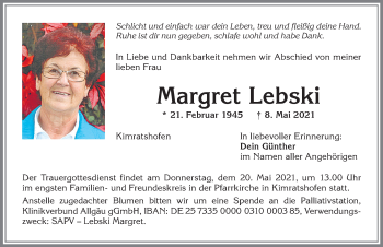 Traueranzeige von Margret Lebski von Allgäuer Zeitung,Kempten