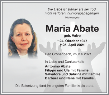 Traueranzeige von Maria Abate von Memminger Zeitung