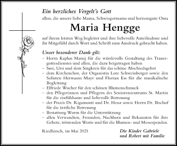 Traueranzeige von Maria Hengge von Der Westallgäuer