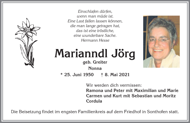  Traueranzeige für Marianndl Jörg vom 15.05.2021 aus Allgäuer Anzeigeblatt