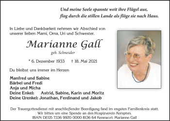 Traueranzeige von Marianne Gall von Allgäuer Zeitung, Marktoberdorf