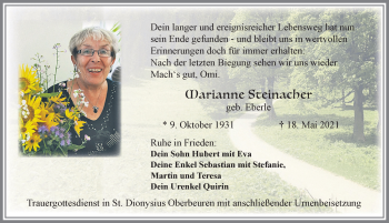 Traueranzeige von Marianne Steinacher von Allgäuer Zeitung, Kaufbeuren/Buchloe