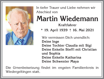 Traueranzeige von Martin Wiedemann von Allgäuer Zeitung, Kaufbeuren/Buchloe