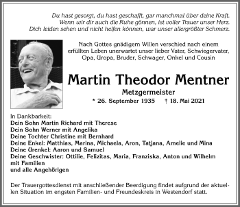 Traueranzeige von Martin Theodor Mentner von Allgäuer Zeitung, Kaufbeuren/Buchloe