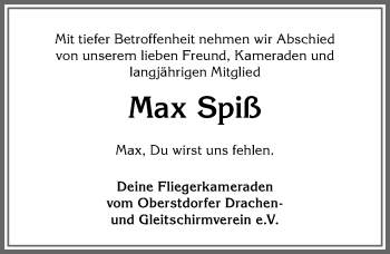 Traueranzeige von Max Spiß von Allgäuer Anzeigeblatt