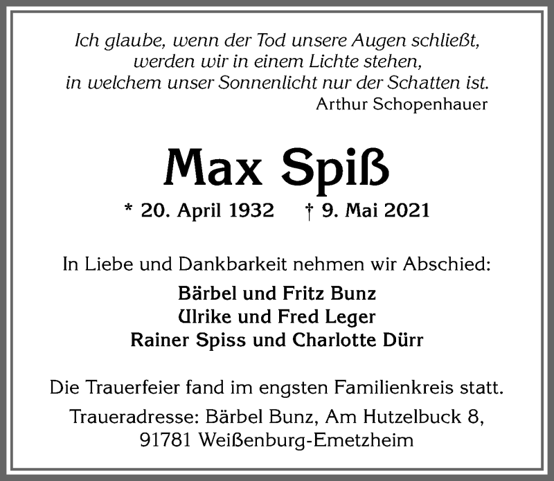  Traueranzeige für Max Spiß vom 25.05.2021 aus Allgäuer Anzeigeblatt