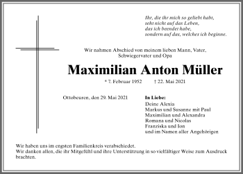 Traueranzeige von Maximilian Anton Müller von Memminger Zeitung