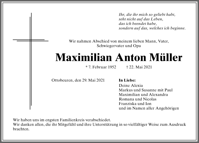  Traueranzeige für Maximilian Anton Müller vom 29.05.2021 aus Memminger Zeitung