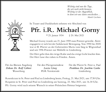 Traueranzeige von Michael Gorny von Der Westallgäuer