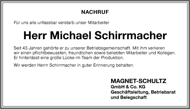  Traueranzeige für Michael Schirrmacher vom 12.05.2021 aus Memminger Zeitung