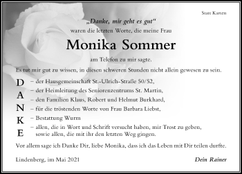 Traueranzeige von Monika Sommer von Der Westallgäuer
