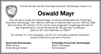 Traueranzeige von Oswald Mayr von Allgäuer Zeitung, Füssen
