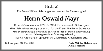 Traueranzeige von Oswald Mayr von Allgäuer Zeitung, Füssen