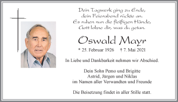 Traueranzeige von Oswald Mayr von Allgäuer Zeitung, Füssen