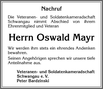 Traueranzeige von Oswald Mayr von Allgäuer Zeitung, Füssen