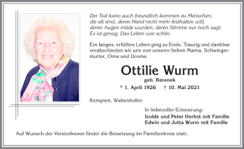 Traueranzeige von Ottilie Wurm von Allgäuer Zeitung,Kempten
