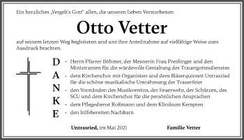Traueranzeige von Otto Vetter von Allgäuer Zeitung, Marktoberdorf